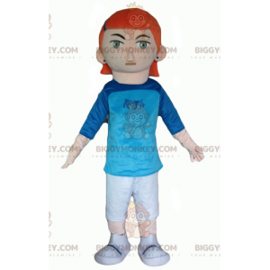 Rödhårig tjej BIGGYMONKEY™ maskotdräkt med vit och blå outfit -