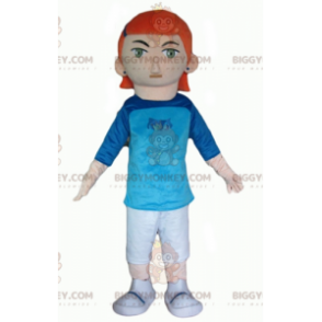 Fato de mascote ruiva BIGGYMONKEY™ com roupa branca e azul –