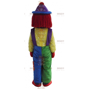 Traje de mascote de palhaço multicolorido muito sorridente