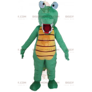 Fato de mascote BIGGYMONKEY™ de crocodilo verde e amarelo muito