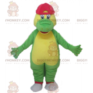 Grön och gul krokodil BIGGYMONKEY™ maskotdräkt med röd mössa -