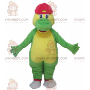 Groene en gele krokodil BIGGYMONKEY™ mascottekostuum met rode