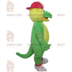 Groene en gele krokodil BIGGYMONKEY™ mascottekostuum met rode