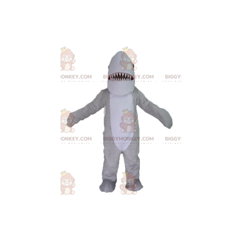 Realista e impresionante disfraz de mascota de tiburón gris y
