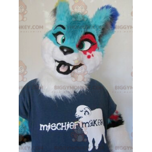 Blue Red and White Furry Cat BIGGYMONKEY™ Mascot Costume –