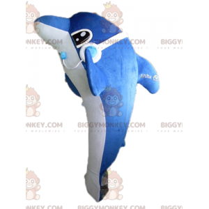 Costume da mascotte BIGGYMONKEY™ delfino blu e bianco gigante e