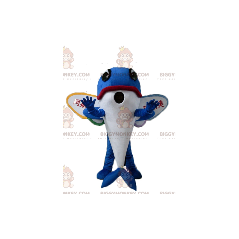 Traje de mascote BIGGYMONKEY™ Golfinho Azul Peixe Voador com