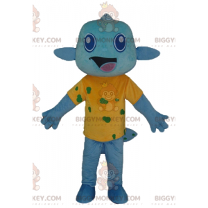 Costume da mascotte Blue Fish BIGGYMONKEY™ con maglietta gialla