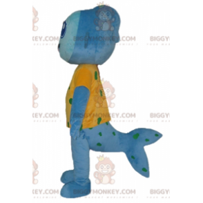 Blå fisk BIGGYMONKEY™ maskotkostume med meget smilende gul