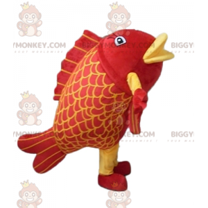 Fato de mascote de peixe gigante vermelho e amarelo muito