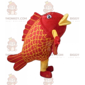 Fato de mascote de peixe gigante vermelho e amarelo muito