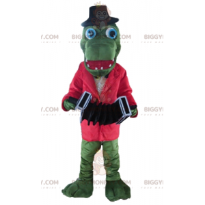 Groene krokodil BIGGYMONKEY™ mascottekostuum met rood jasje en