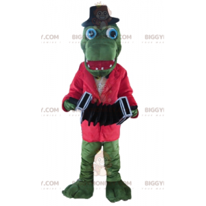 Grünes Krokodil BIGGYMONKEY™ Maskottchenkostüm mit roter Jacke