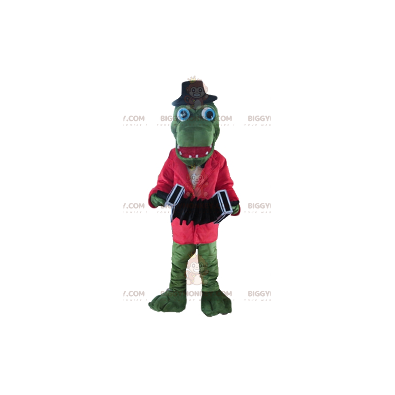 Grön krokodil BIGGYMONKEY™ Maskotdräkt med röd jacka och