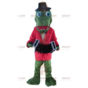 Grön krokodil BIGGYMONKEY™ Maskotdräkt med röd jacka och
