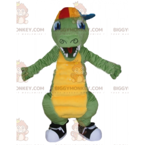 Grön och gul krokodil BIGGYMONKEY™ maskotdräkt med mössa -