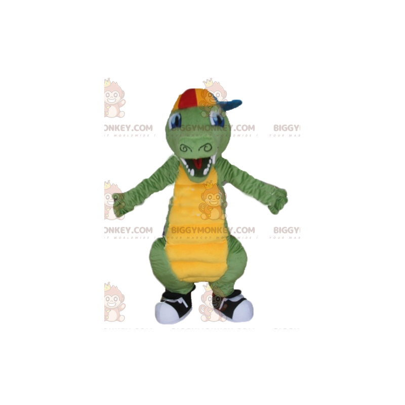 Traje de mascote de crocodilo verde e amarelo BIGGYMONKEY™ com