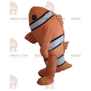 Traje de mascote de peixe-palhaço preto e branco laranja