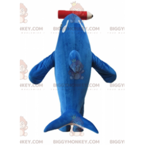 Traje de mascote orca azul e branco BIGGYMONKEY™ com lápis