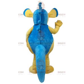 Fantasia de mascote gigante de cavalo marinho azul e amarelo