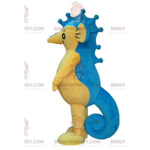 Fantasia de mascote gigante de cavalo marinho azul e amarelo