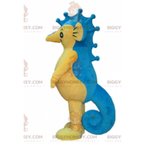 Fantasia de mascote gigante de cavalo marinho azul e amarelo