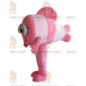 Traje de mascote BIGGYMONKEY™ de peixe-palhaço rosa e branco