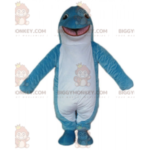 Original leende blå och vit delfin BIGGYMONKEY™ maskotdräkt -