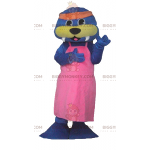 BIGGYMONKEY™ Mascot Costume Blue and Yellow Otter with Pink