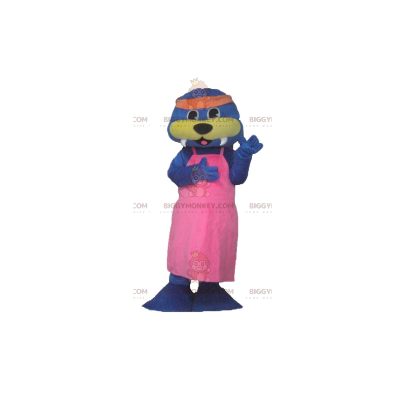 BIGGYMONKEY™ Mascot Costume Blue and Yellow Otter with Pink