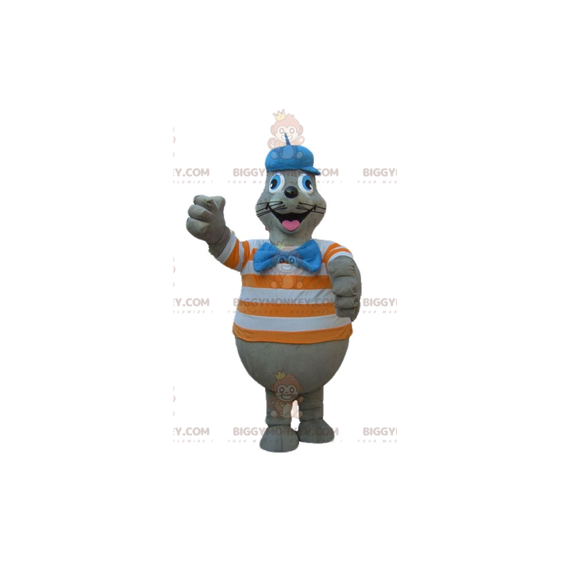 Kostým maskota BIGGYMONKEY™ šedého lachtana s oranžovým a bílým
