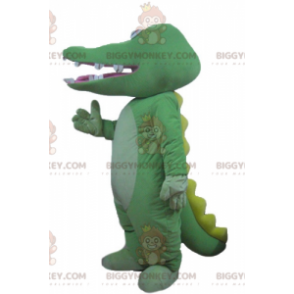 Traje de mascote de crocodilo gigante verde e amarelo