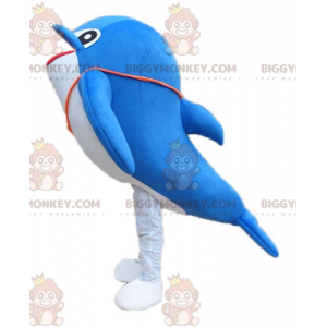 Traje de mascote BIGGYMONKEY™ de golfinho gigante azul e branco