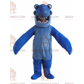 Traje de mascote de tubarão azul com dentes grandes