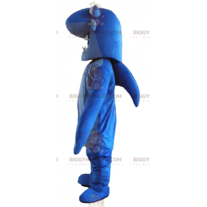 Traje de mascote de tubarão azul com dentes grandes