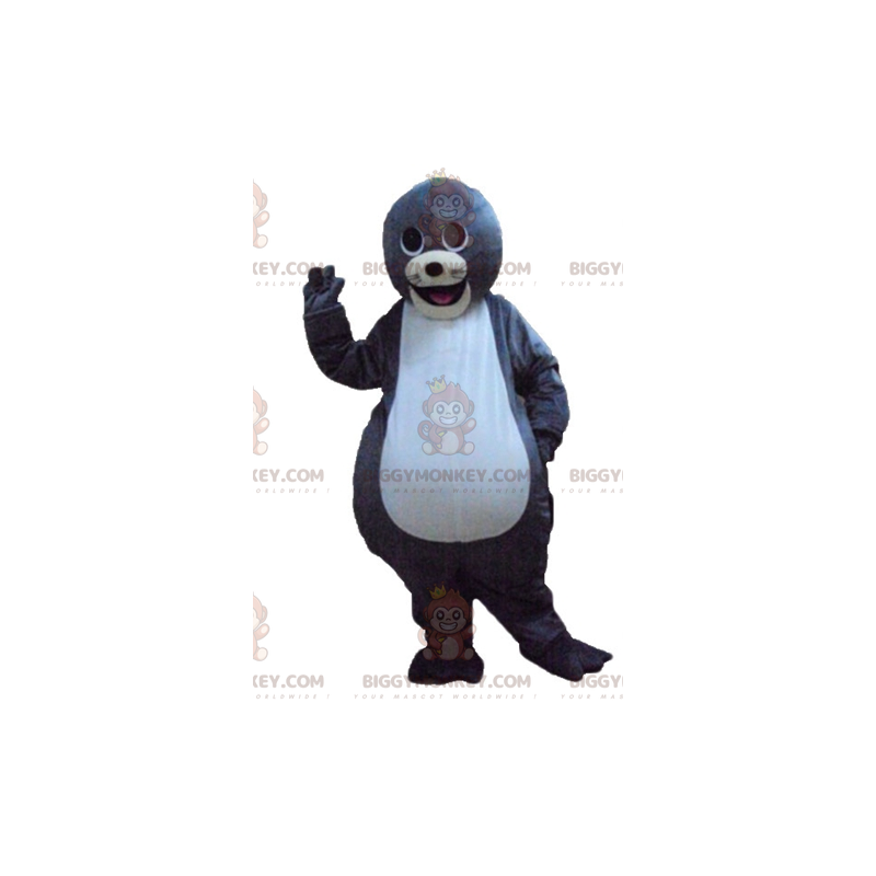 Traje de mascote de lontra cinza e branca sorridente fofa