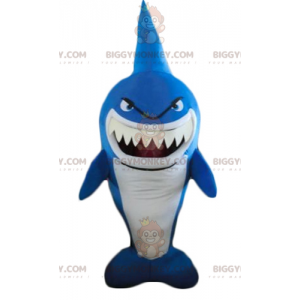 Traje de mascote de tubarão azul e branco muito engraçado