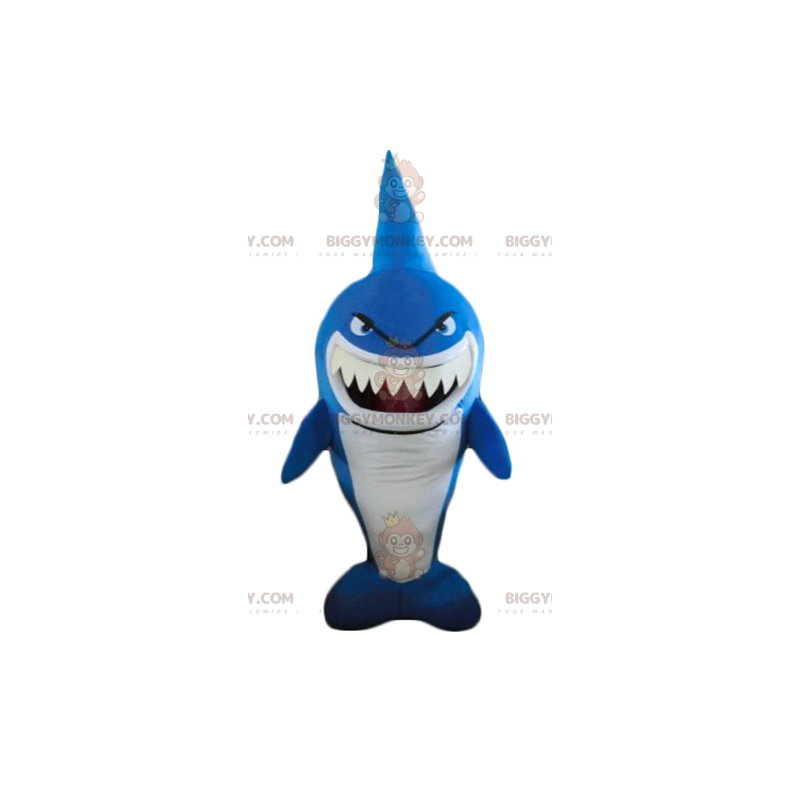 Costume da mascotte squalo blu e bianco dall'aspetto feroce