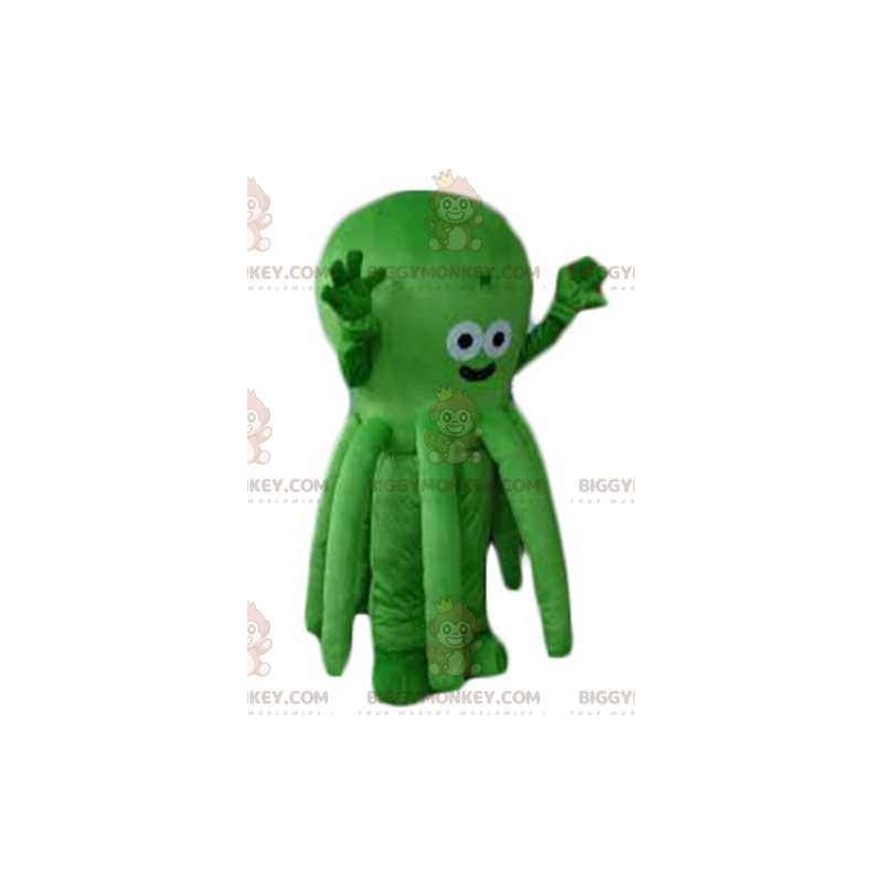 Traje de mascote de polvo verde muito fofo e sorridente