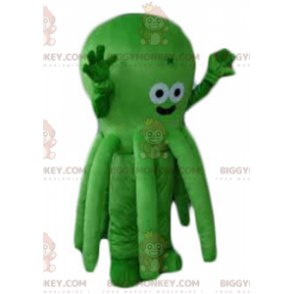 Traje de mascote de polvo verde muito fofo e sorridente