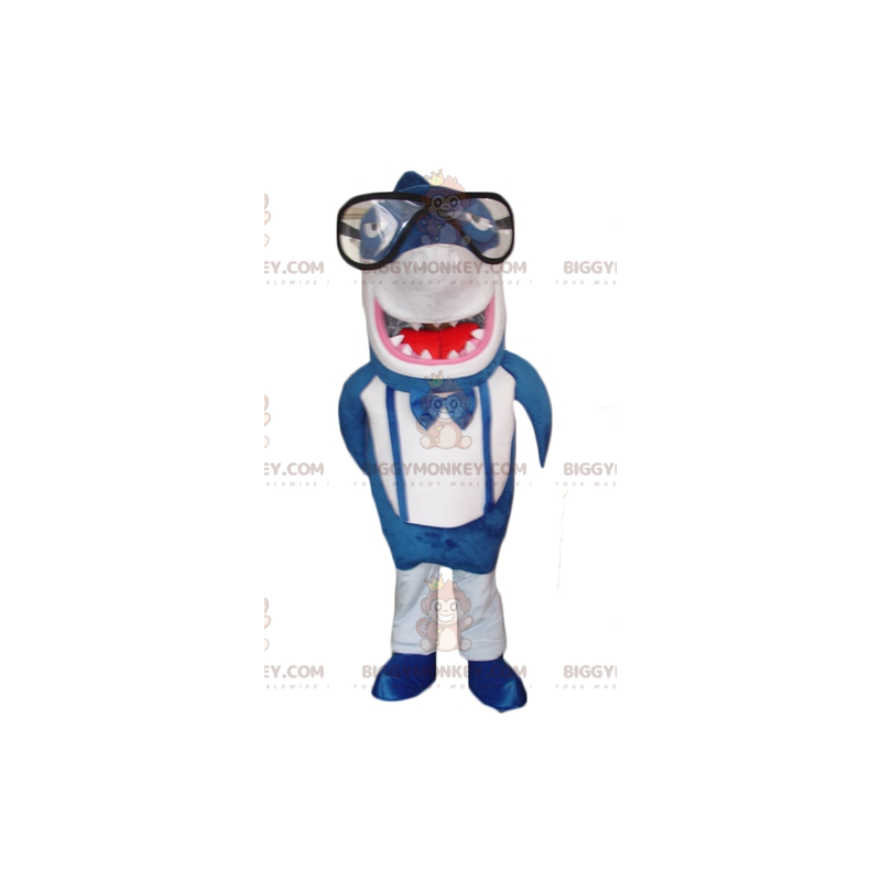 Αστεία στολή μασκότ με γιγαντιαίο μπλε και λευκό καρχαρία