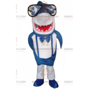 Αστεία στολή μασκότ με γιγαντιαίο μπλε και λευκό καρχαρία