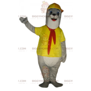 BIGGYMONKEY™ maskotdräkt grå och vit utter klädd i gult -