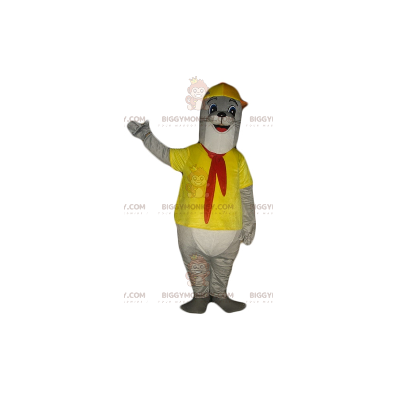 Kostium maskotki BIGGYMONKEY™ Szaro-biała wydra ubrana na żółto