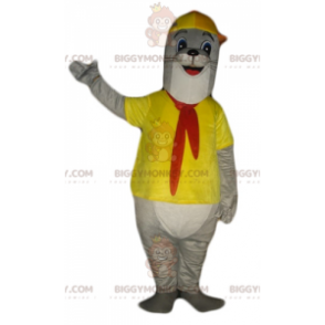 BIGGYMONKEY™ maskotdräkt grå och vit utter klädd i gult -