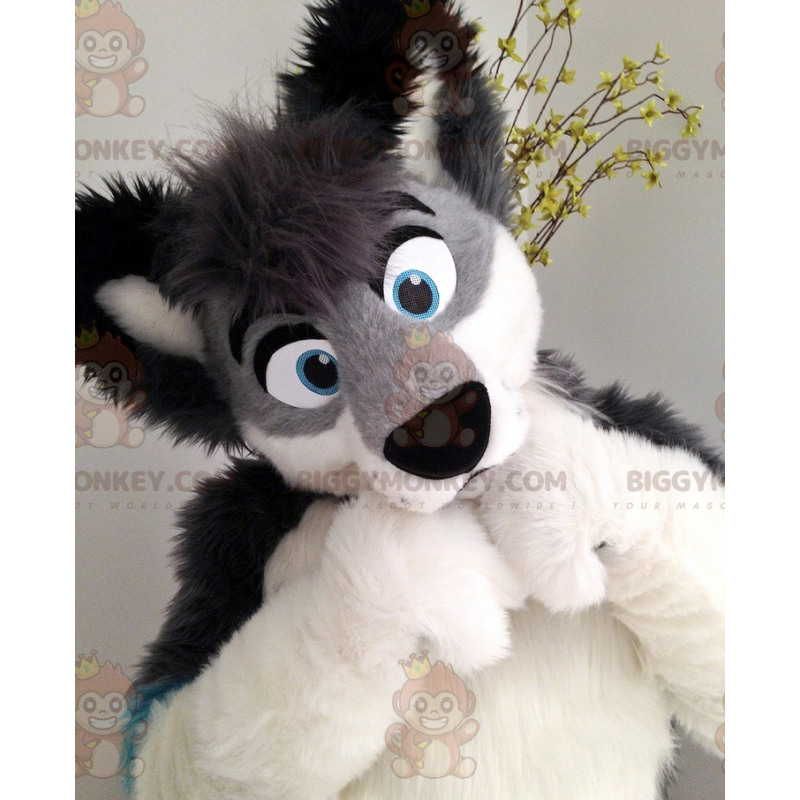 Disfraz de mascota de perro peludo gris, negro y azul de