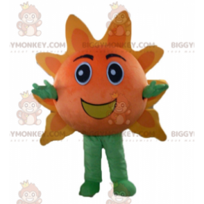 Kostým velmi usměvavého obřího oranžovo-žlutého slunce maskota