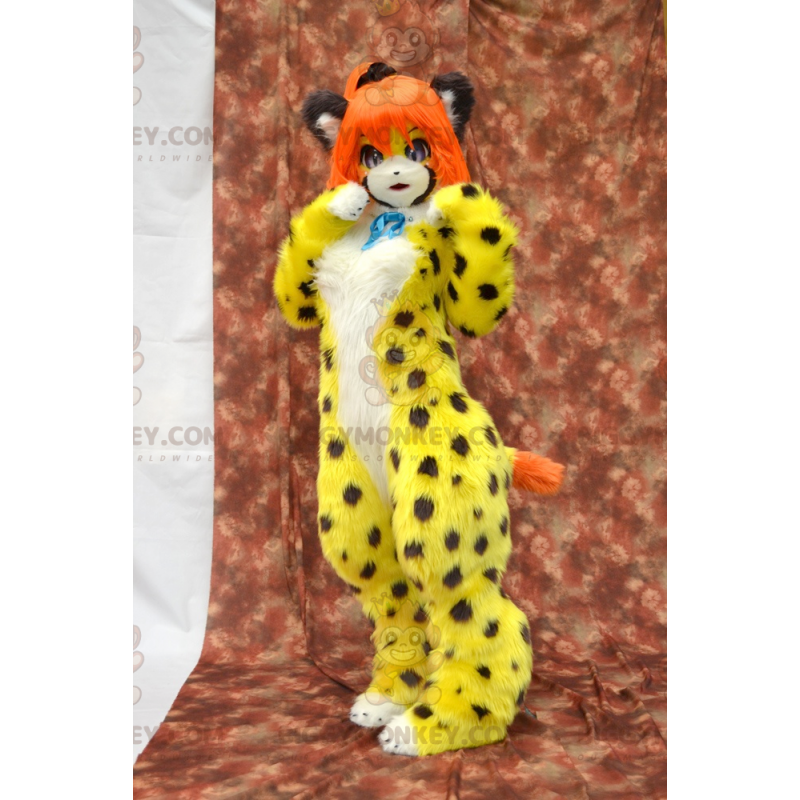 BIGGYMONKEY™ maskotkostume Gul plettet kat med orange hår -