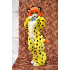 BIGGYMONKEY™ Mascot Costume Yellow Spotted Cat with Orange Hair