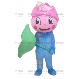 BIGGYMONKEY™ Costume mascotte fiore rosa gigante blu e verde -